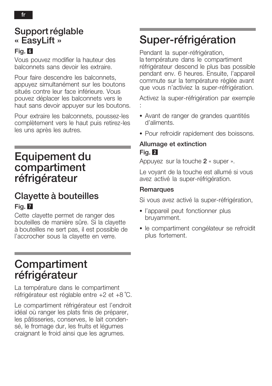 Equipement du compartiment réfrigérateur, Compartiment réfrigérateur, Superćréfrigération | Support réglable « easylift, Clayette à bouteilles | Siemens K125F User Manual | Page 48 / 105