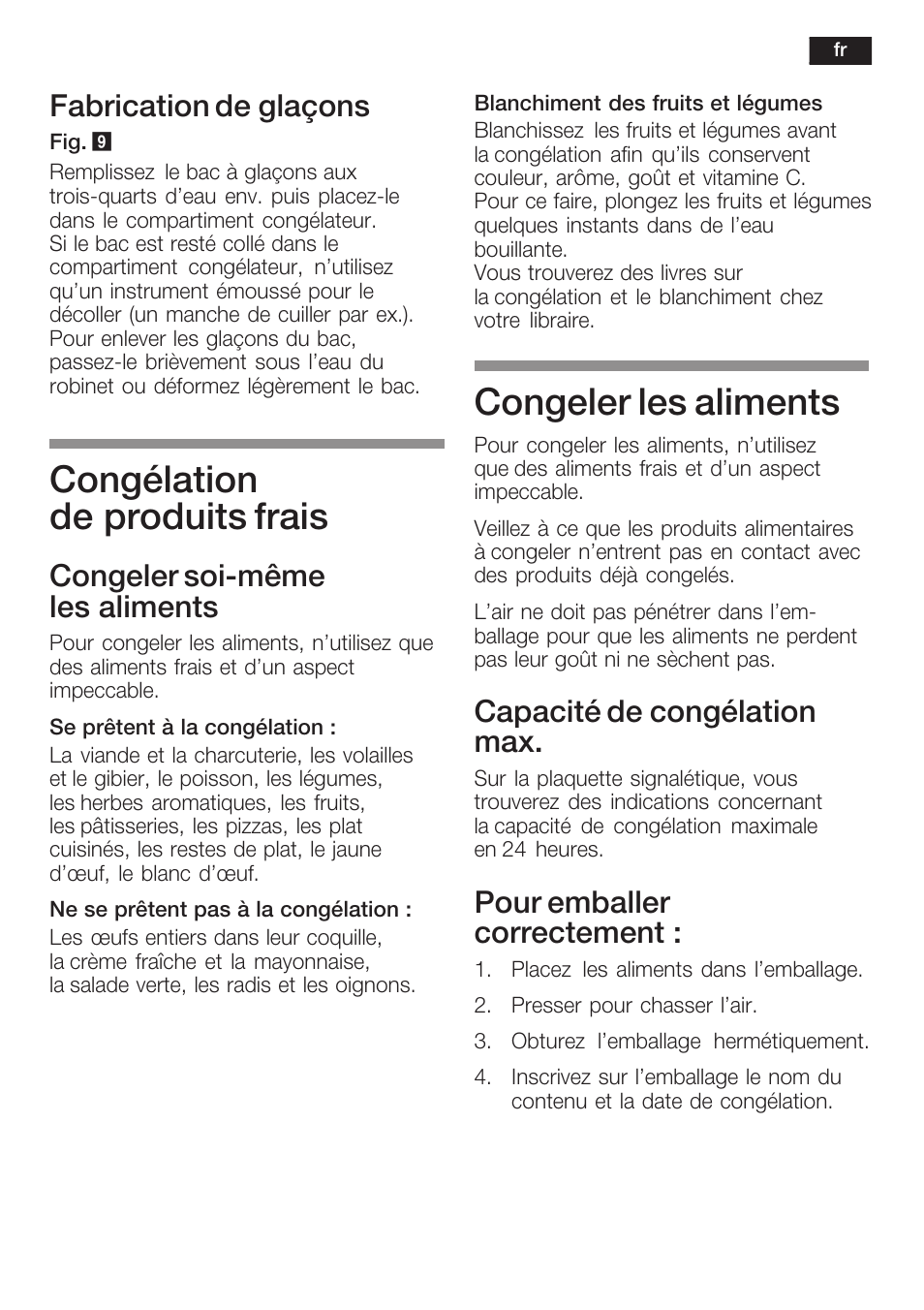 Congélation de produits frais, Congeler les aliments, Fabrication de glaçons | Congeler soićmême les aliments, Capacité de congélation max, Pour emballer correctement | Siemens K125F User Manual | Page 51 / 105