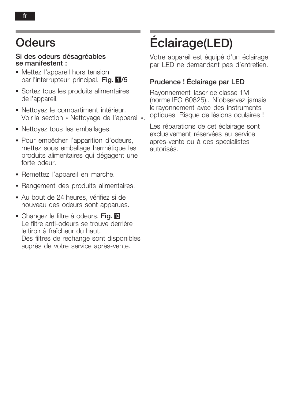 Éclairage, Odeurs, Led) | Siemens K125F User Manual | Page 56 / 105