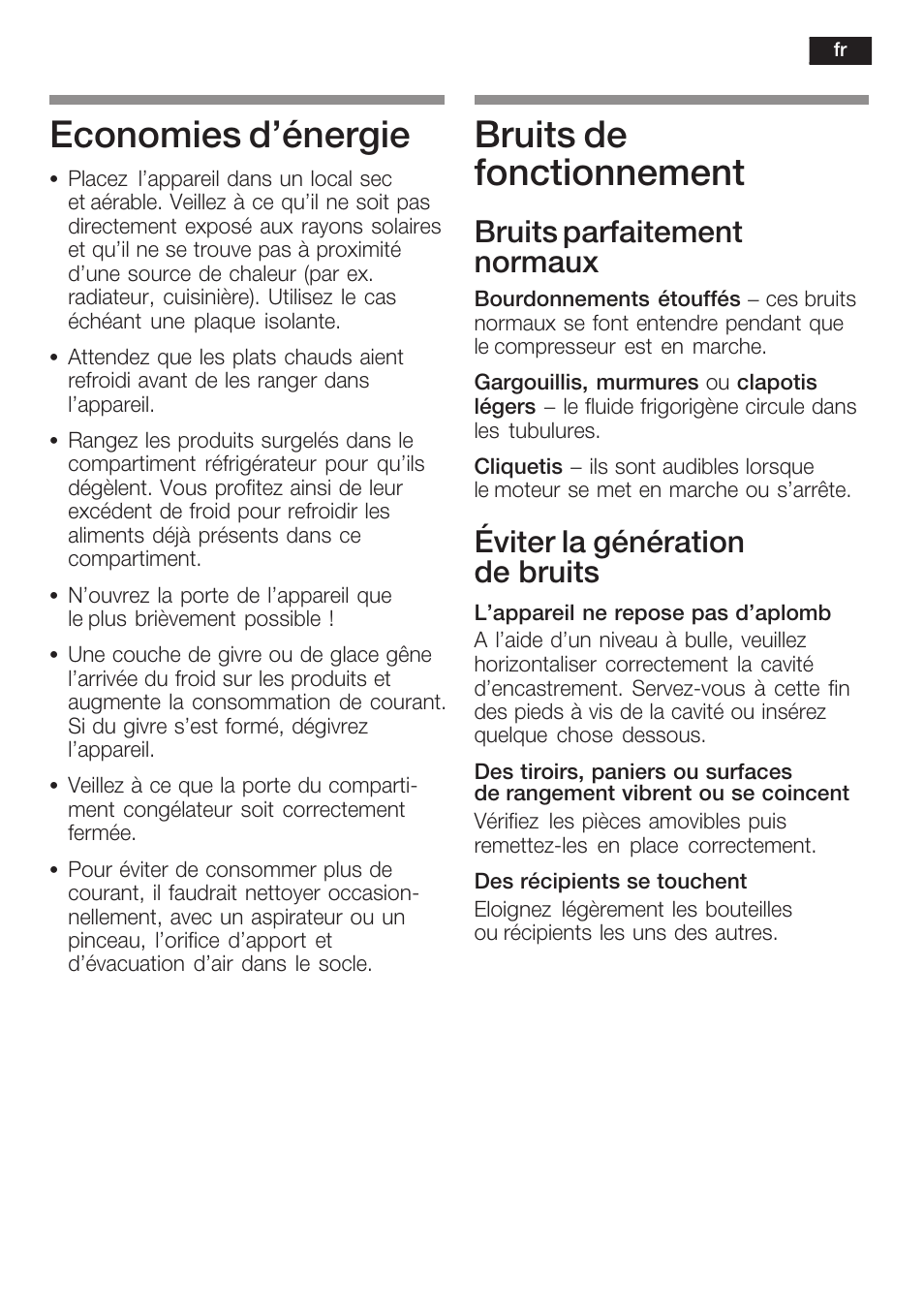 Economies d'énergie, Bruits de fonctionnement, Bruits parfaitement normaux | Éviter la génération de bruits | Siemens K125F User Manual | Page 57 / 105