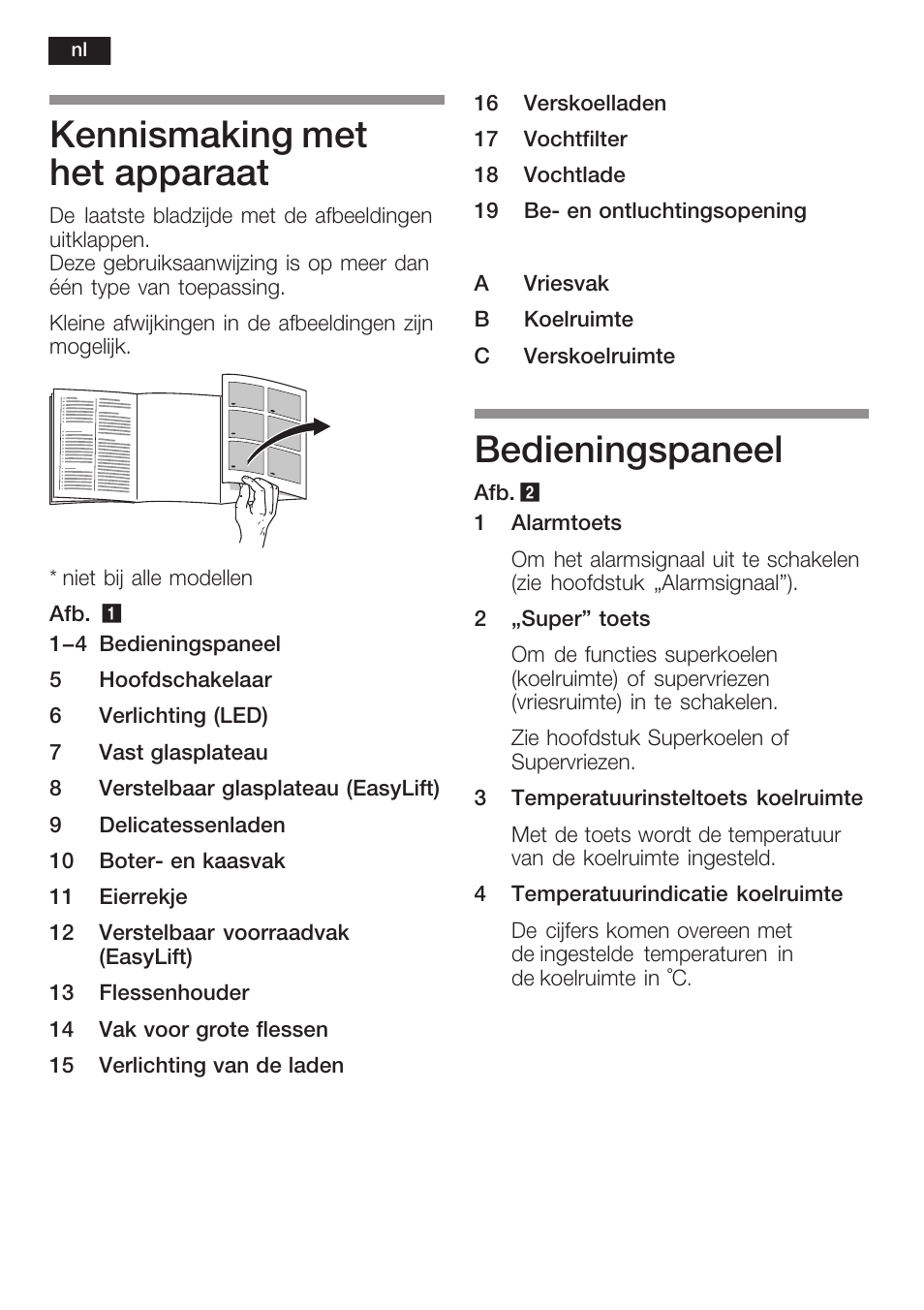 Kennismaking met het apparaat, Bedieningspaneel | Siemens K125F User Manual | Page 84 / 105