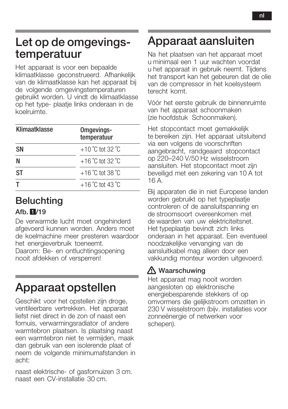 Let op de omgevingsć temperatuur, Apparaat opstellen, Apparaat aansluiten | Beluchting | Siemens K125F User Manual | Page 85 / 105