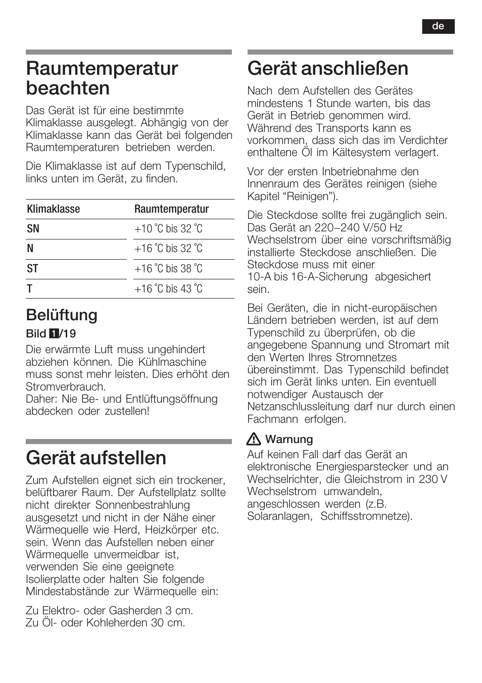 Raumtemperatur beachten, Gerät aufstellen, Gerät anschließen | Belüftung | Siemens K125F User Manual | Page 9 / 105