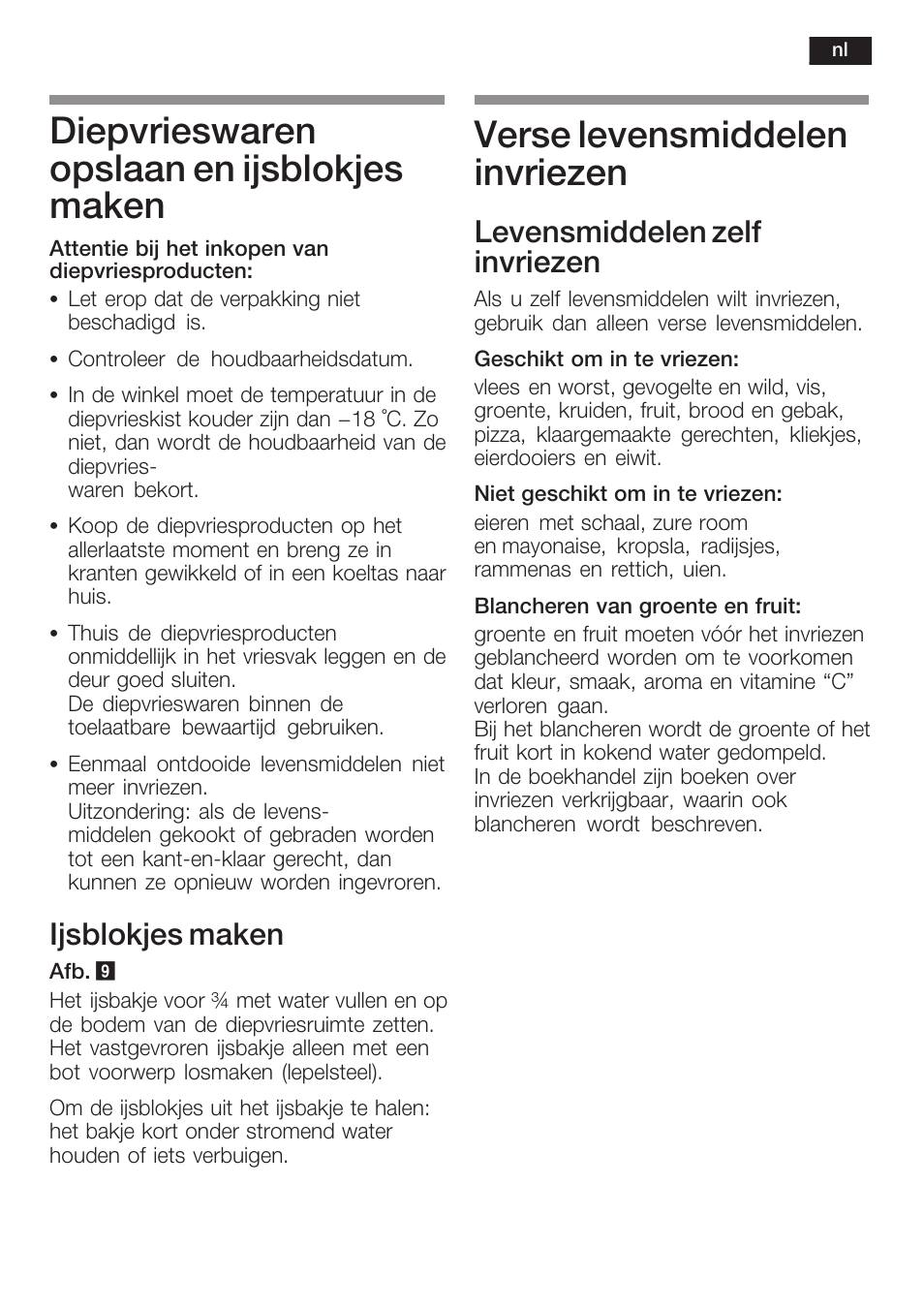 Diepvrieswaren opslaan en ijsblokjes maken, Verse levensmiddelen invriezen, Ijsblokjes maken | Levensmiddelen zelf invriezen | Siemens K125F User Manual | Page 91 / 105