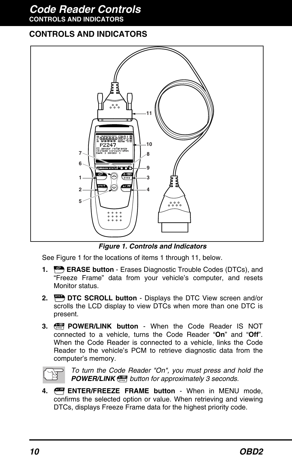 Code reader controls, 10 obd2, Controls and indicators | Equus 3150 - ABS/SRS + OBD2 Diagnostic Tool User Manual | Page 12 / 68