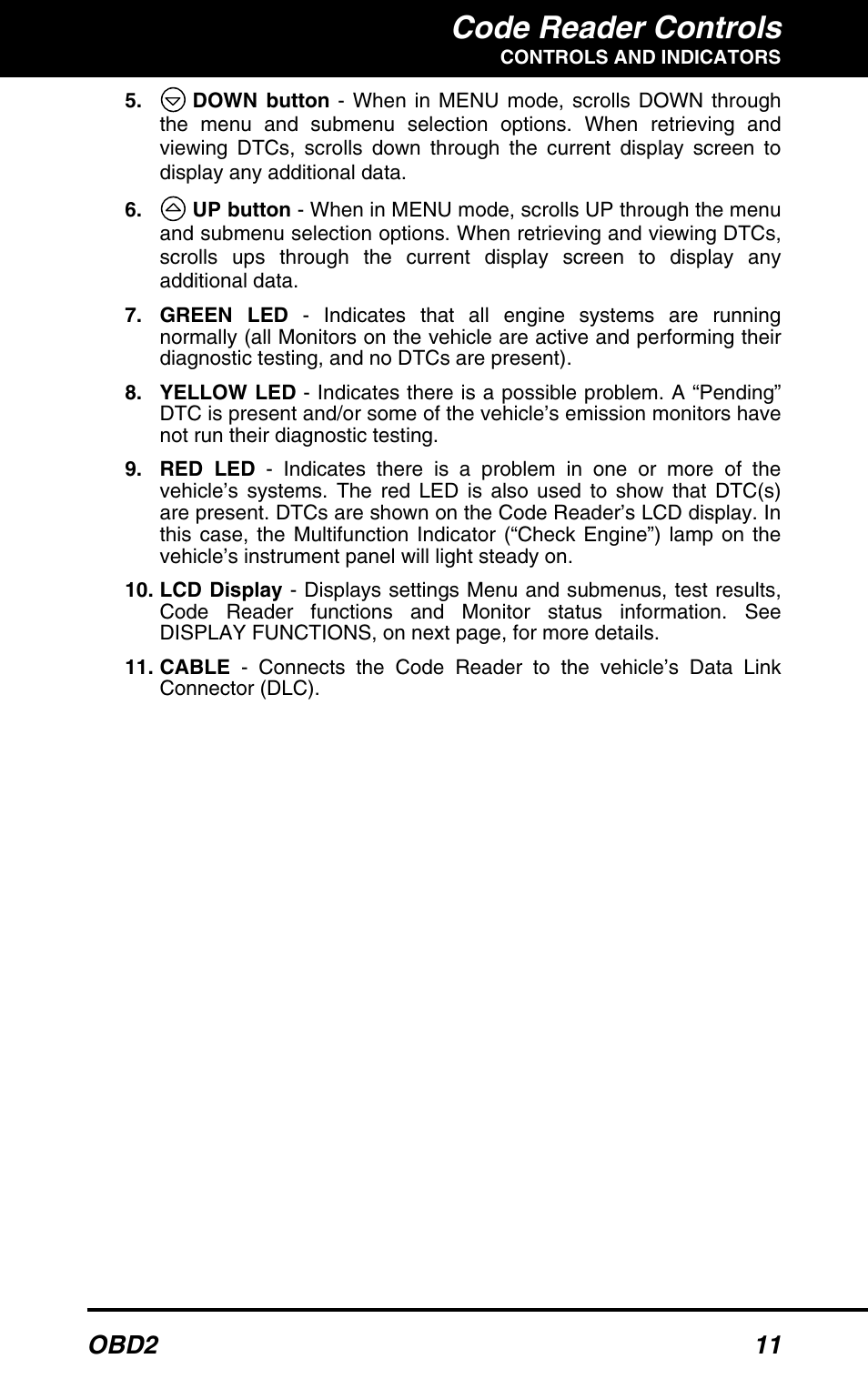 Code reader controls, Obd2 11 | Equus 3150 - ABS/SRS + OBD2 Diagnostic Tool User Manual | Page 13 / 68