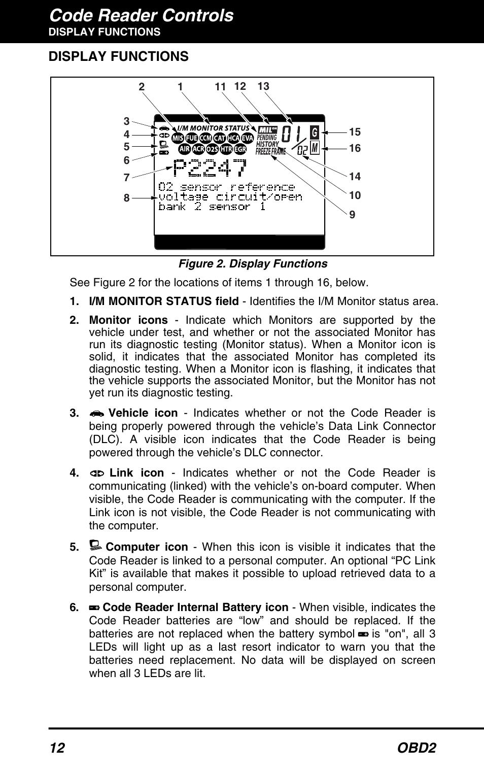 Code reader controls, 12 obd2, Display functions | Equus 3150 - ABS/SRS + OBD2 Diagnostic Tool User Manual | Page 14 / 68