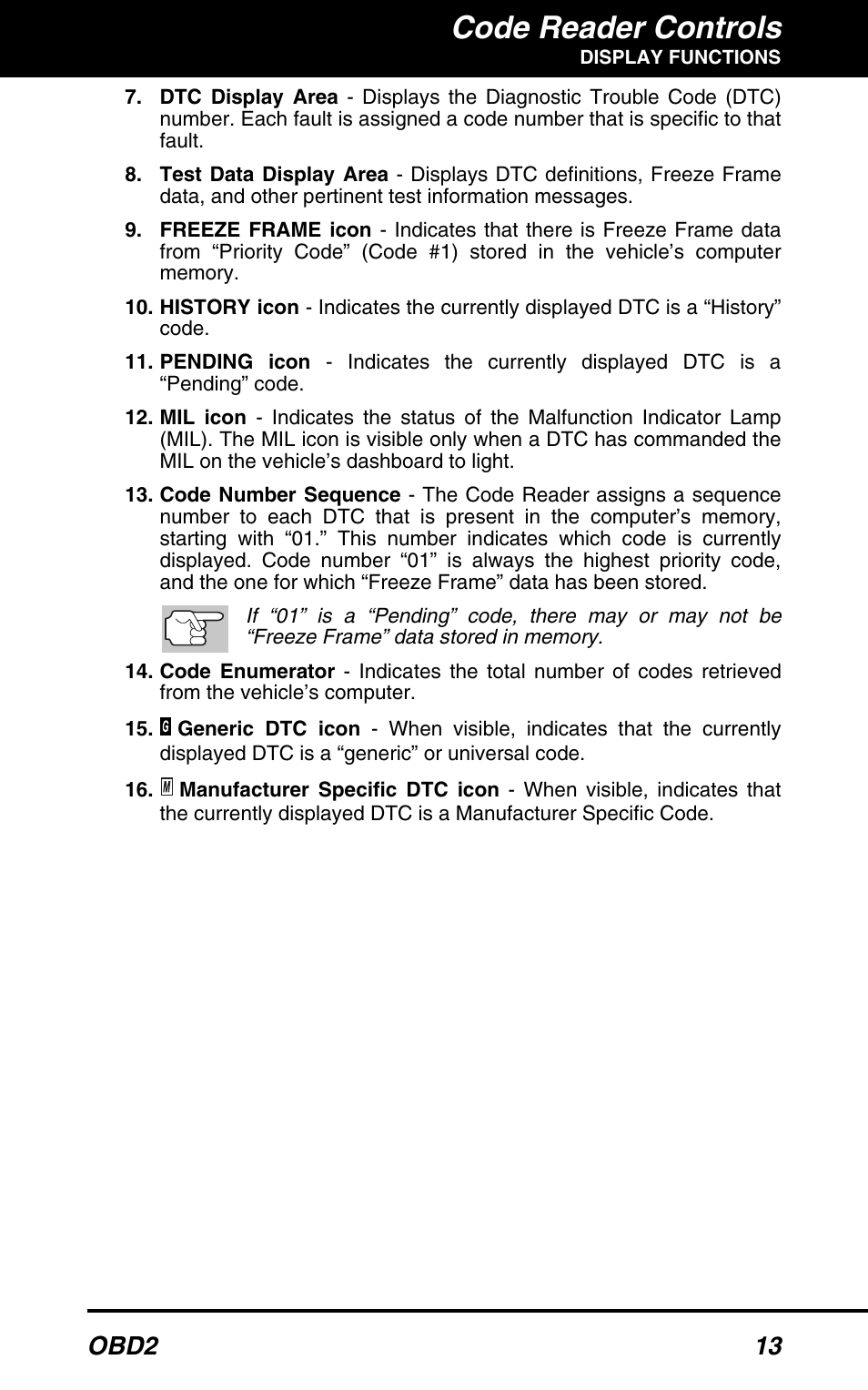 Code reader controls, Obd2 13 | Equus 3150 - ABS/SRS + OBD2 Diagnostic Tool User Manual | Page 15 / 68