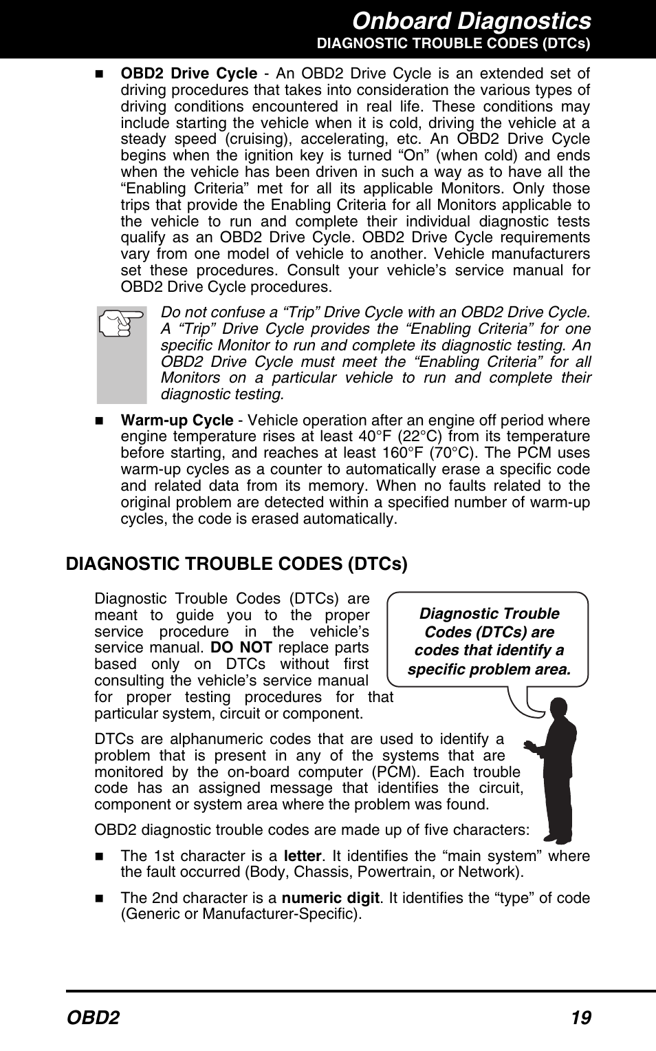 Onboard diagnostics, Obd2 19, Diagnostic trouble codes (dtcs) | Equus 3150 - ABS/SRS + OBD2 Diagnostic Tool User Manual | Page 21 / 68