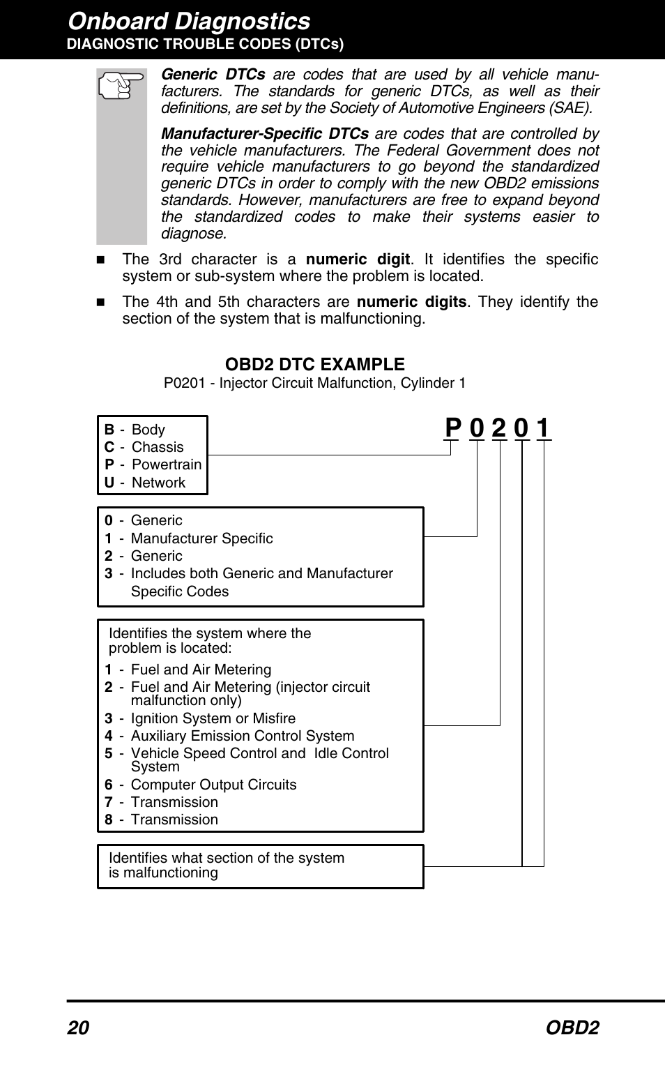 P 0 2 0 1, Onboard diagnostics, 20 obd2 | Obd2 dtc example | Equus 3150 - ABS/SRS + OBD2 Diagnostic Tool User Manual | Page 22 / 68