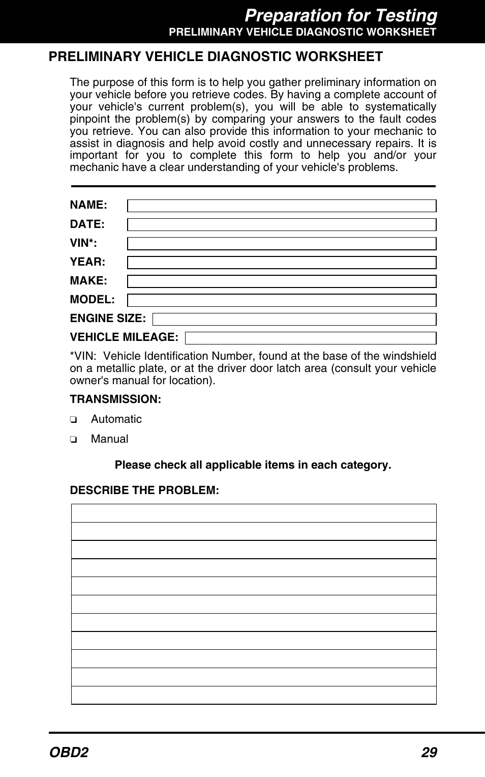 Preparation for testing, Obd2 29, Preliminary vehicle diagnostic worksheet | Equus 3150 - ABS/SRS + OBD2 Diagnostic Tool User Manual | Page 31 / 68