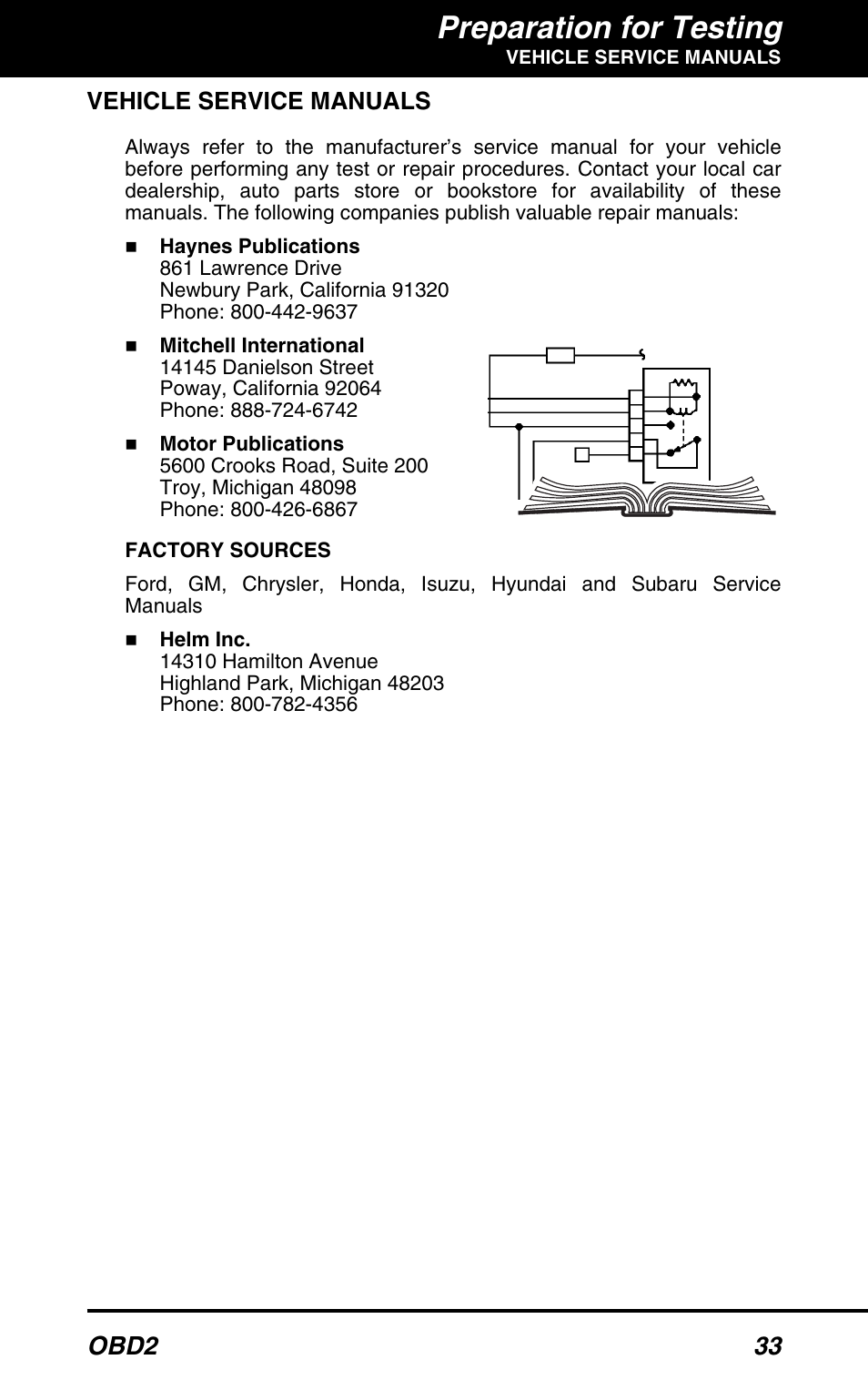 Preparation for testing, Obd2 33, Vehicle service manuals | Equus 3150 - ABS/SRS + OBD2 Diagnostic Tool User Manual | Page 35 / 68