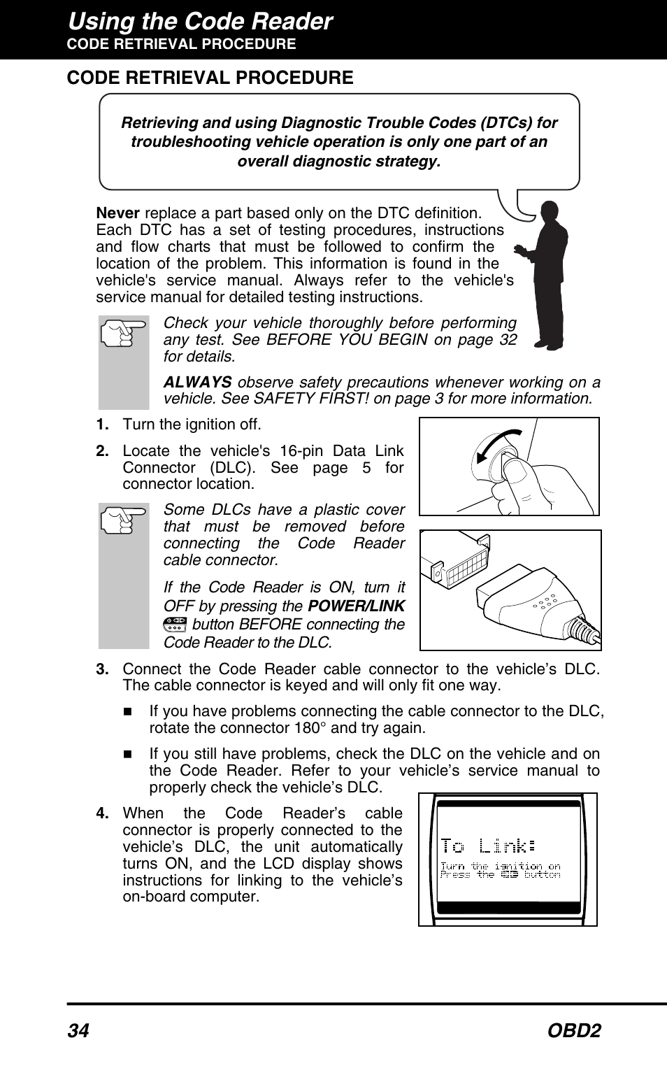 Using the code reader, 34 obd2, Code retrieval procedure | Equus 3150 - ABS/SRS + OBD2 Diagnostic Tool User Manual | Page 36 / 68