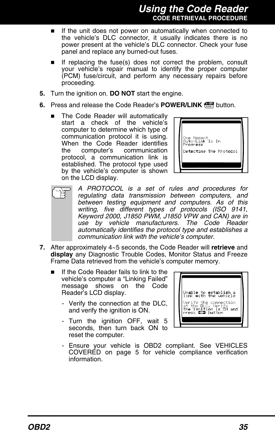 Using the code reader, Obd2 35 | Equus 3150 - ABS/SRS + OBD2 Diagnostic Tool User Manual | Page 37 / 68