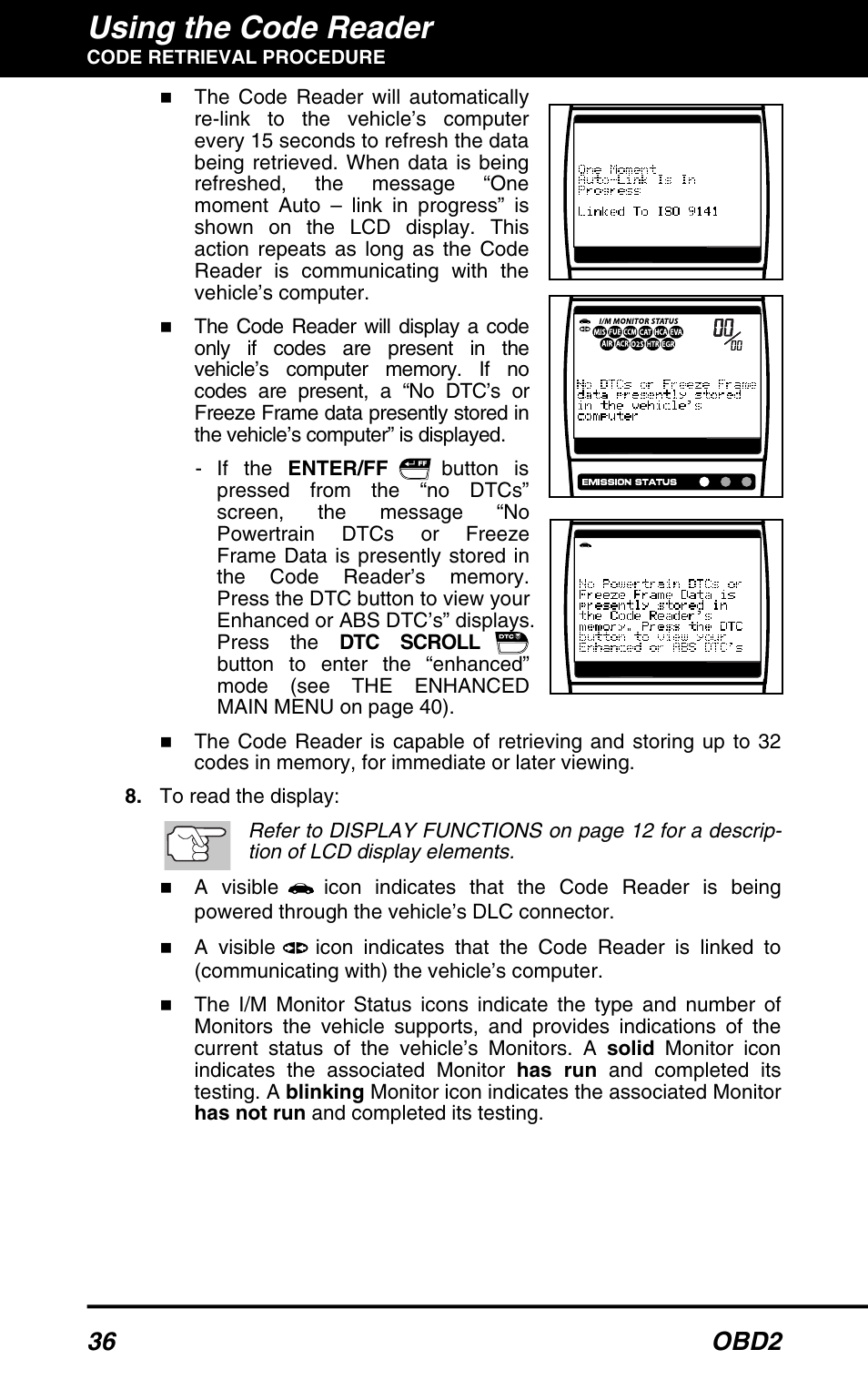 Using the code reader, 36 obd2 | Equus 3150 - ABS/SRS + OBD2 Diagnostic Tool User Manual | Page 38 / 68