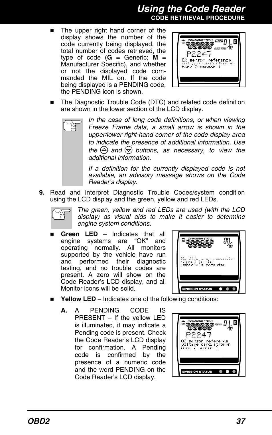 Using the code reader, Obd2 37 | Equus 3150 - ABS/SRS + OBD2 Diagnostic Tool User Manual | Page 39 / 68