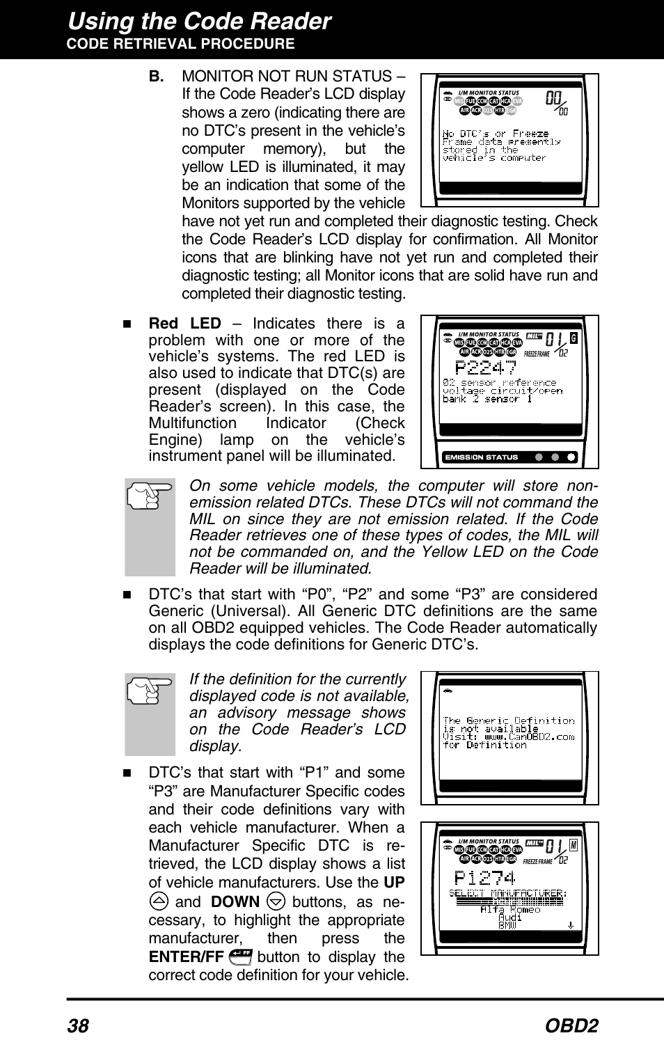 Using the code reader, 38 obd2 | Equus 3150 - ABS/SRS + OBD2 Diagnostic Tool User Manual | Page 40 / 68