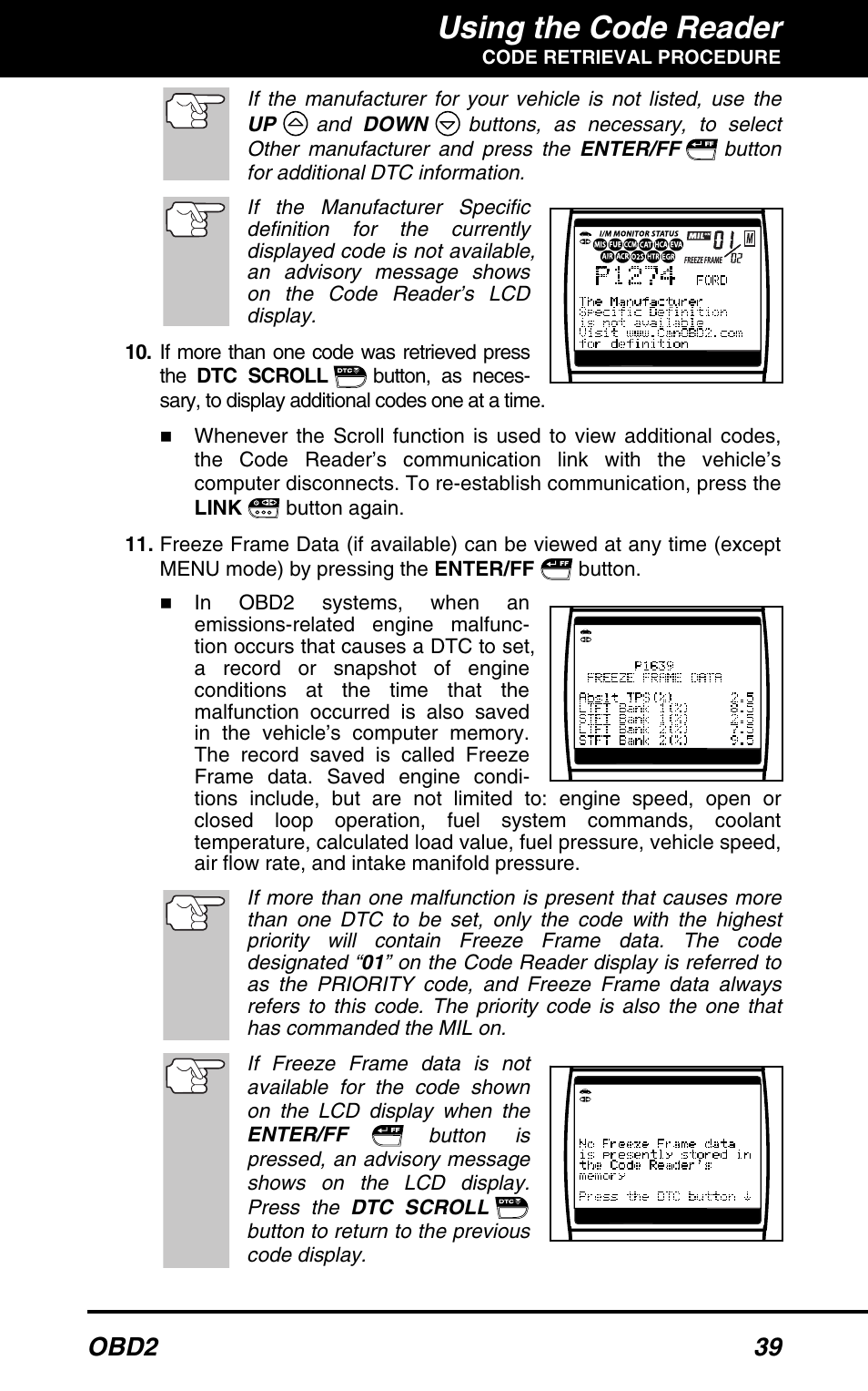 Using the code reader, Obd2 39 | Equus 3150 - ABS/SRS + OBD2 Diagnostic Tool User Manual | Page 41 / 68