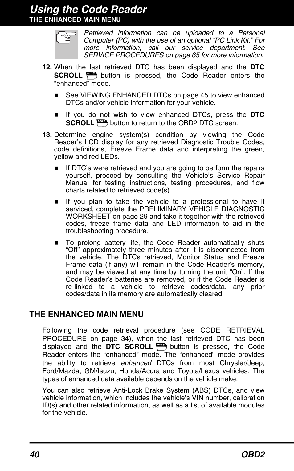 Using the code reader, 40 obd2, The enhanced main menu | Equus 3150 - ABS/SRS + OBD2 Diagnostic Tool User Manual | Page 42 / 68