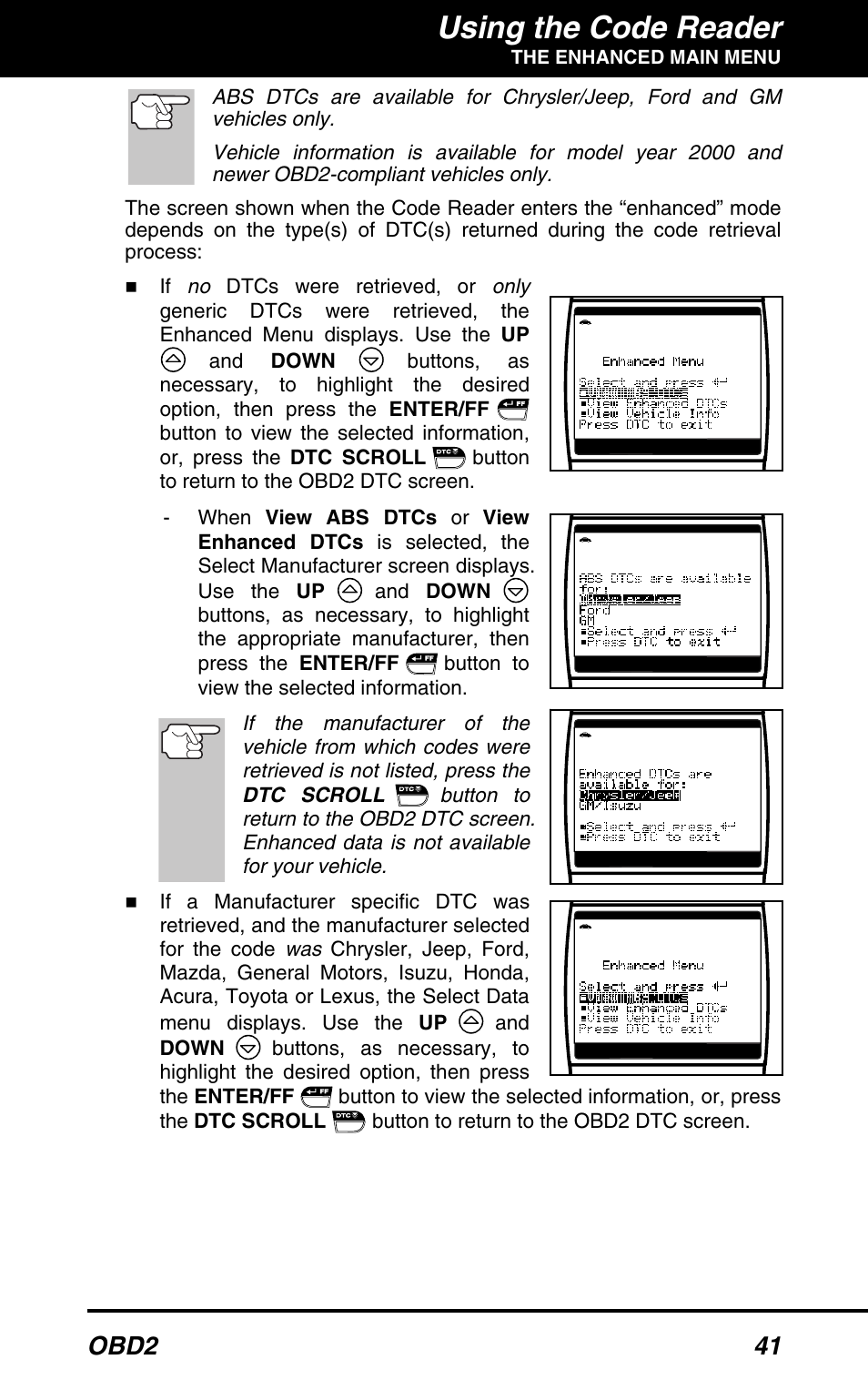 Using the code reader, Obd2 41 | Equus 3150 - ABS/SRS + OBD2 Diagnostic Tool User Manual | Page 43 / 68
