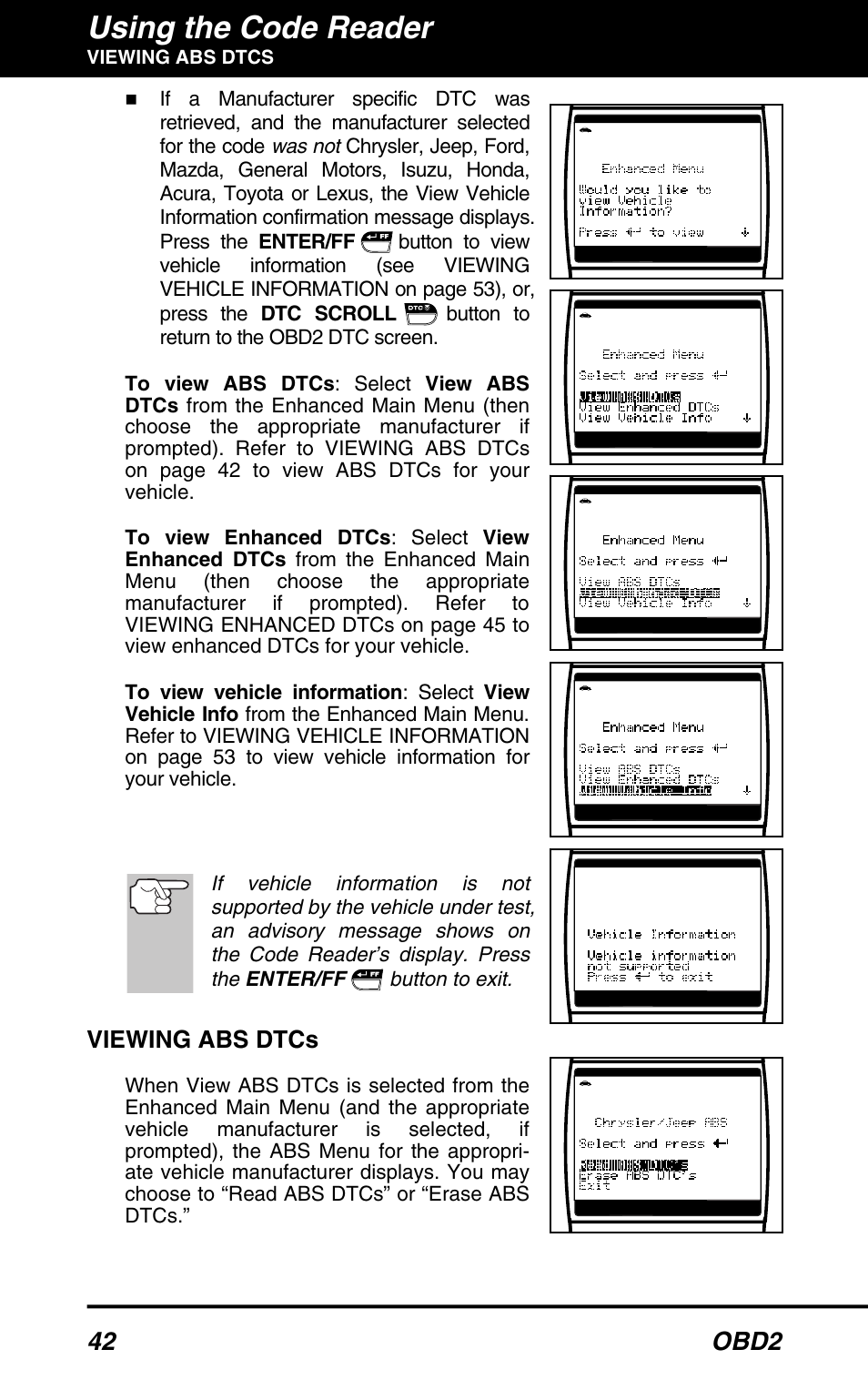 Using the code reader, 42 obd2, Viewing abs dtcs | Equus 3150 - ABS/SRS + OBD2 Diagnostic Tool User Manual | Page 44 / 68