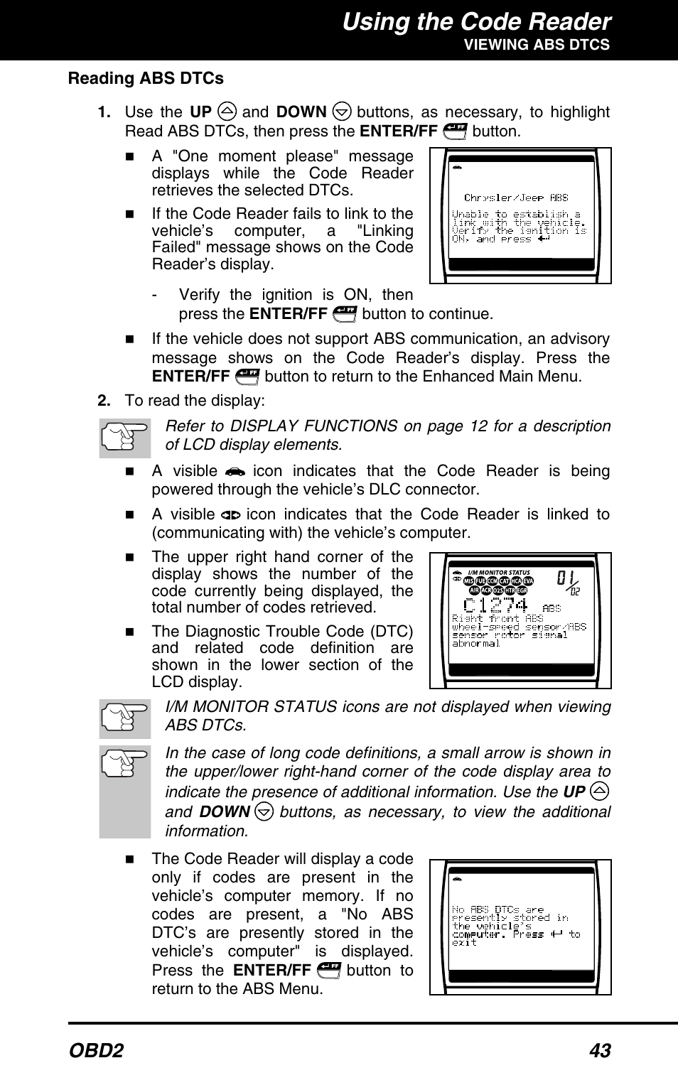 Using the code reader, Obd2 43 | Equus 3150 - ABS/SRS + OBD2 Diagnostic Tool User Manual | Page 45 / 68