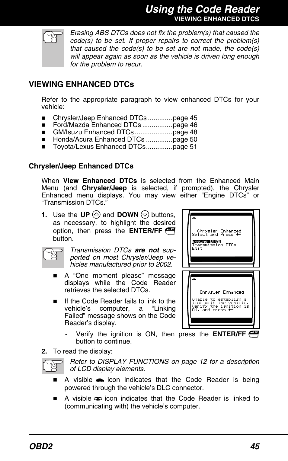 Using the code reader, Obd2 45, Viewing enhanced dtcs | Equus 3150 - ABS/SRS + OBD2 Diagnostic Tool User Manual | Page 47 / 68