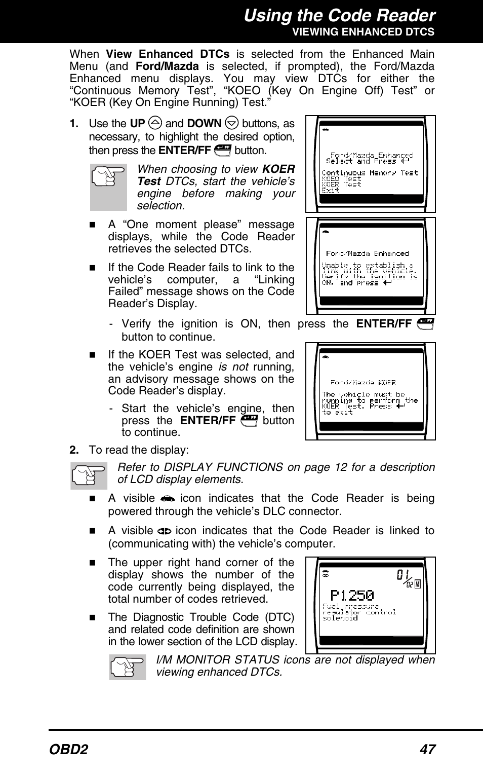 Using the code reader, Obd2 47 | Equus 3150 - ABS/SRS + OBD2 Diagnostic Tool User Manual | Page 49 / 68