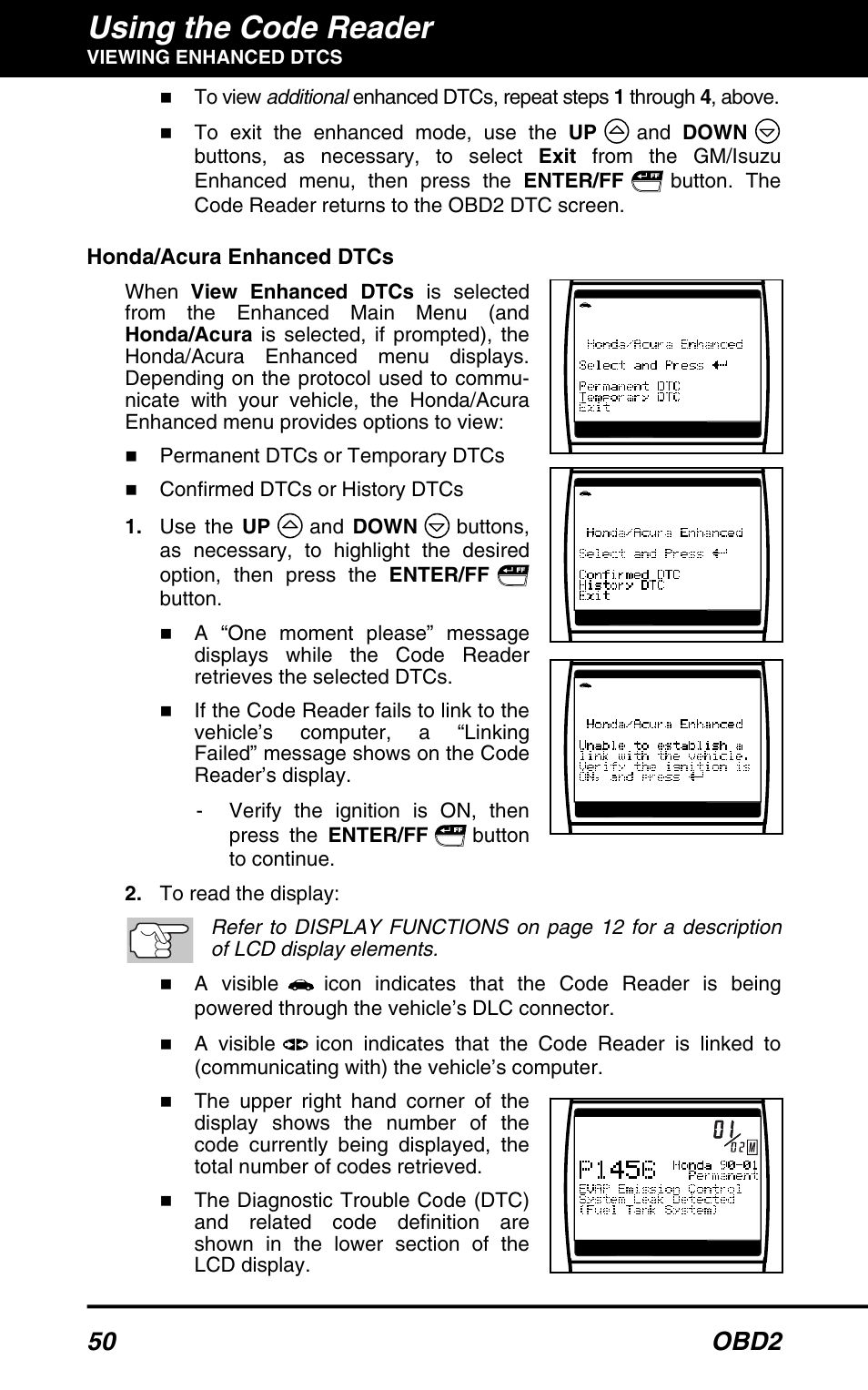 Using the code reader, 50 obd2 | Equus 3150 - ABS/SRS + OBD2 Diagnostic Tool User Manual | Page 52 / 68