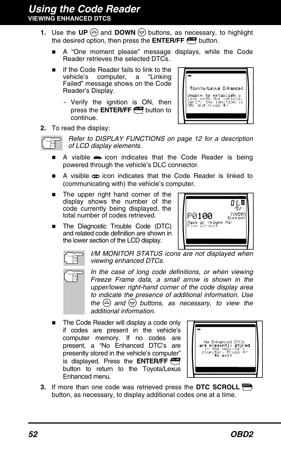 Using the code reader, 52 obd2 | Equus 3150 - ABS/SRS + OBD2 Diagnostic Tool User Manual | Page 54 / 68