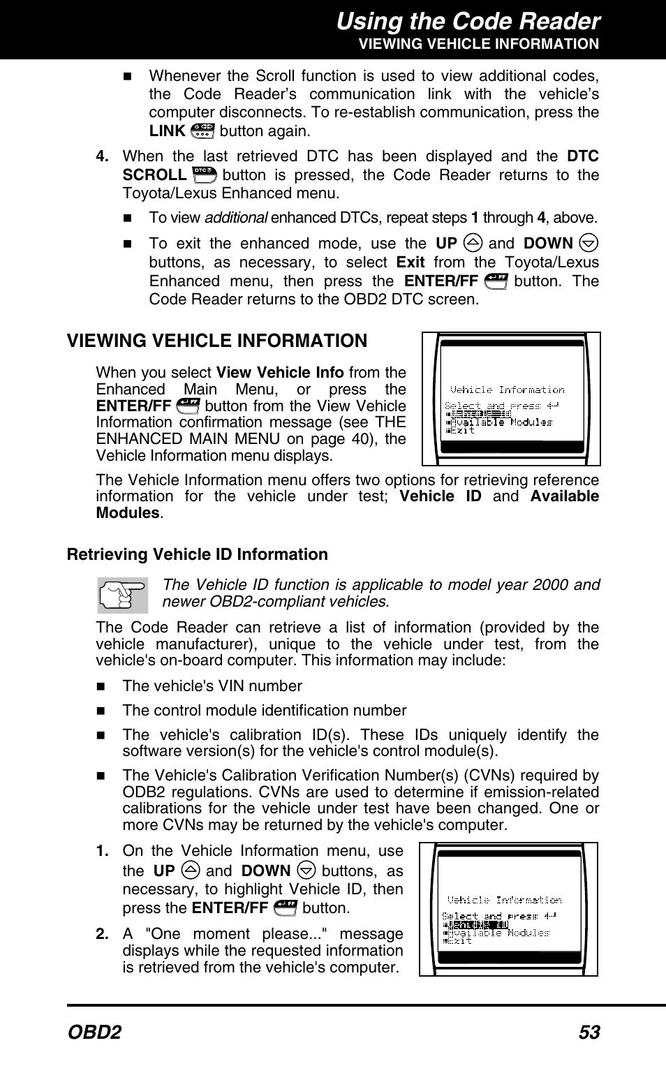 Using the code reader, Obd2 53, Viewing vehicle information | Equus 3150 - ABS/SRS + OBD2 Diagnostic Tool User Manual | Page 55 / 68