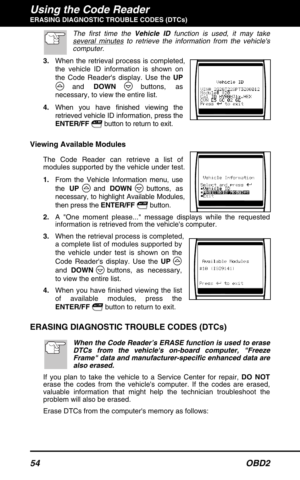 Using the code reader, 54 obd2, Erasing diagnostic trouble codes (dtcs) | Equus 3150 - ABS/SRS + OBD2 Diagnostic Tool User Manual | Page 56 / 68