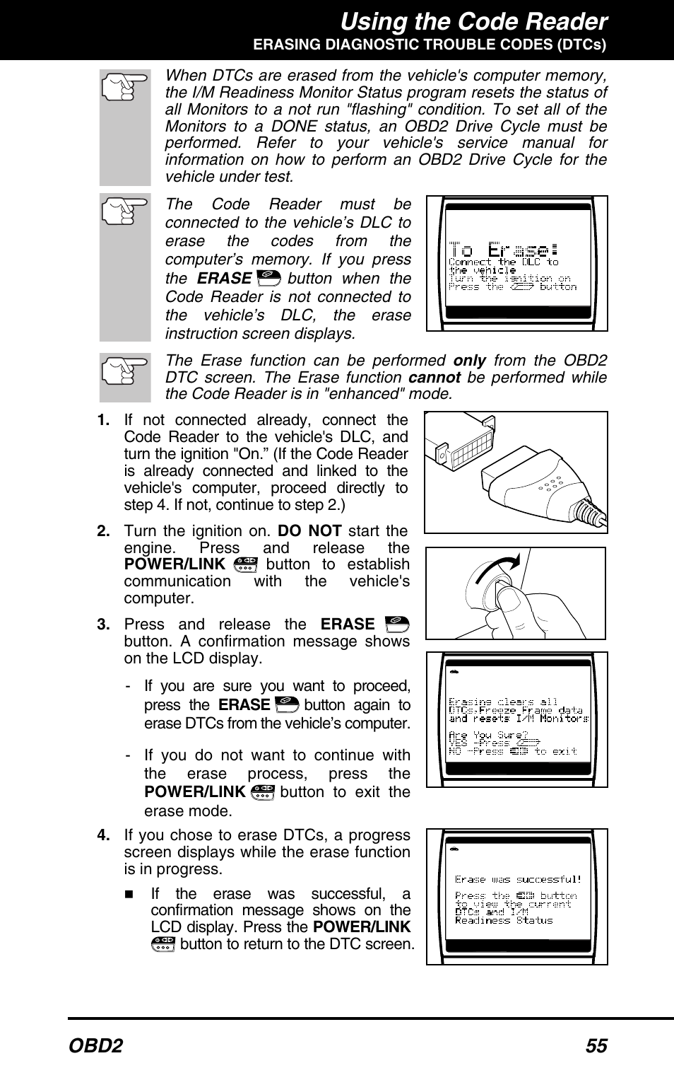 Using the code reader, Obd2 55 | Equus 3150 - ABS/SRS + OBD2 Diagnostic Tool User Manual | Page 57 / 68