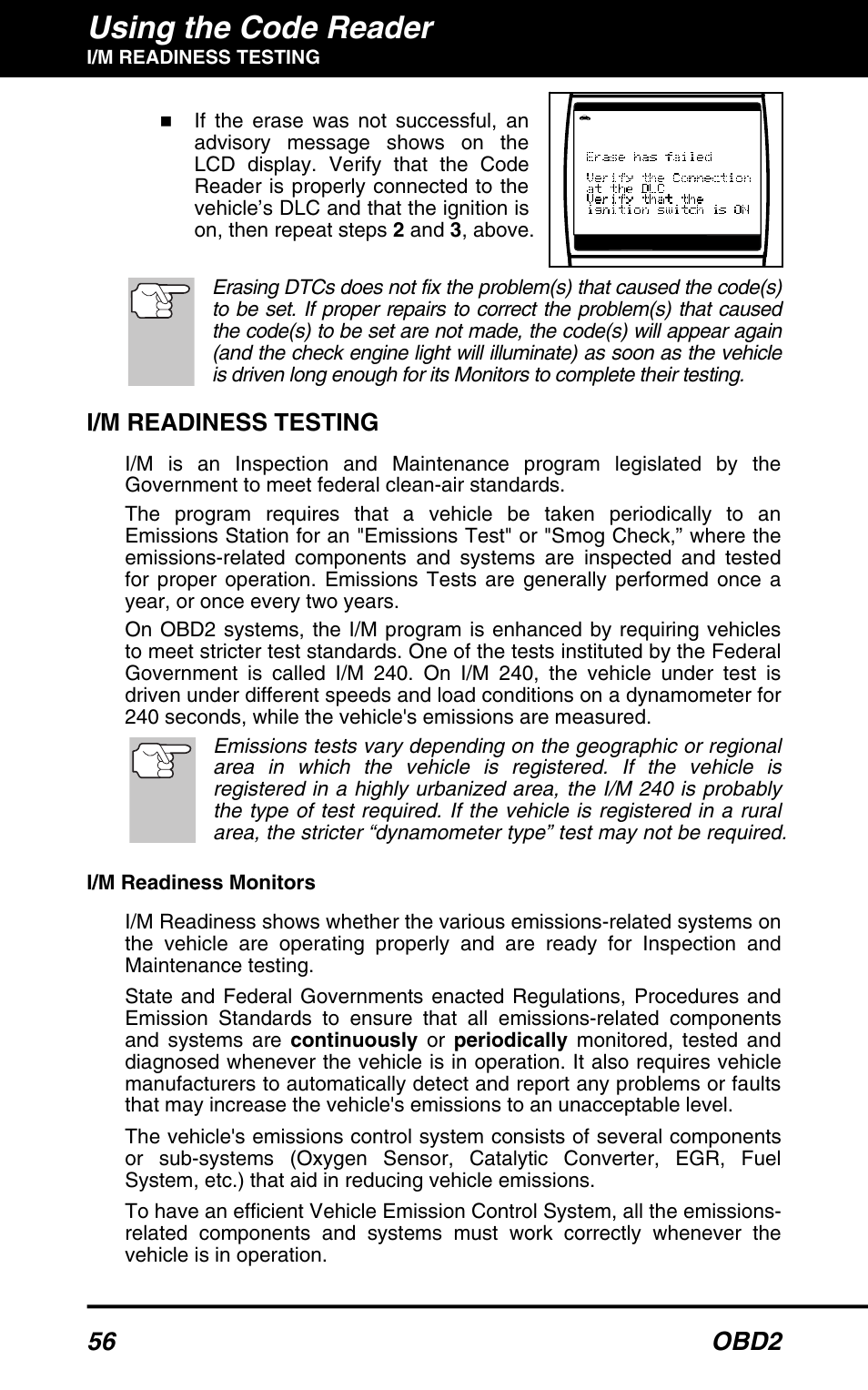 Using the code reader, 56 obd2, I/m readiness testing | Equus 3150 - ABS/SRS + OBD2 Diagnostic Tool User Manual | Page 58 / 68