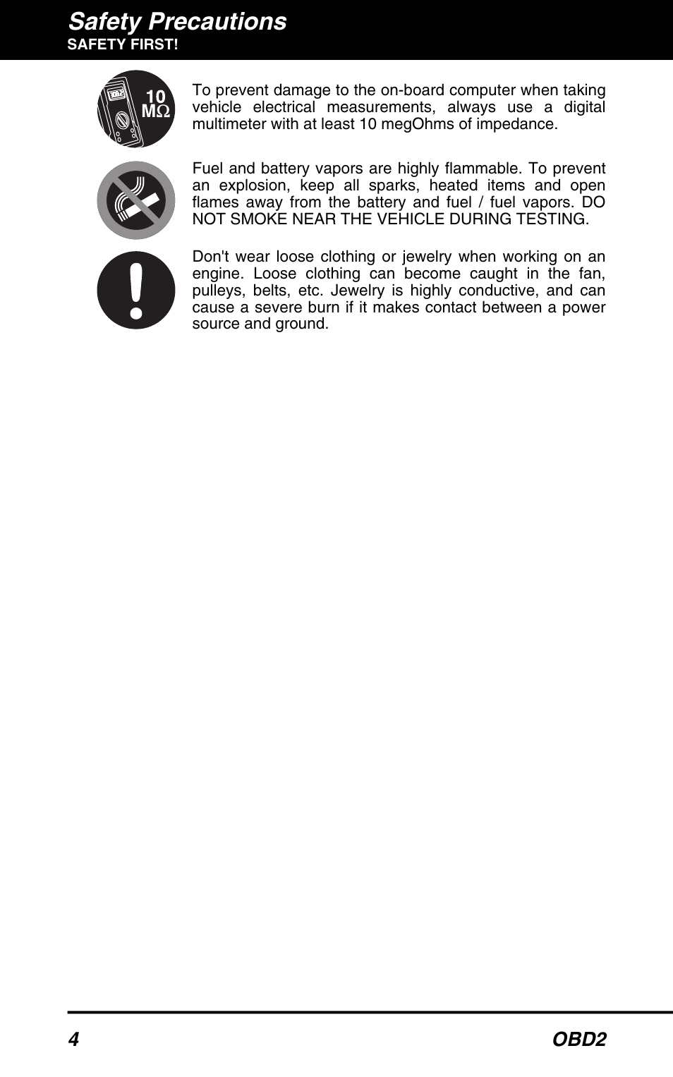 Safety precautions, 4 obd2 | Equus 3150 - ABS/SRS + OBD2 Diagnostic Tool User Manual | Page 6 / 68