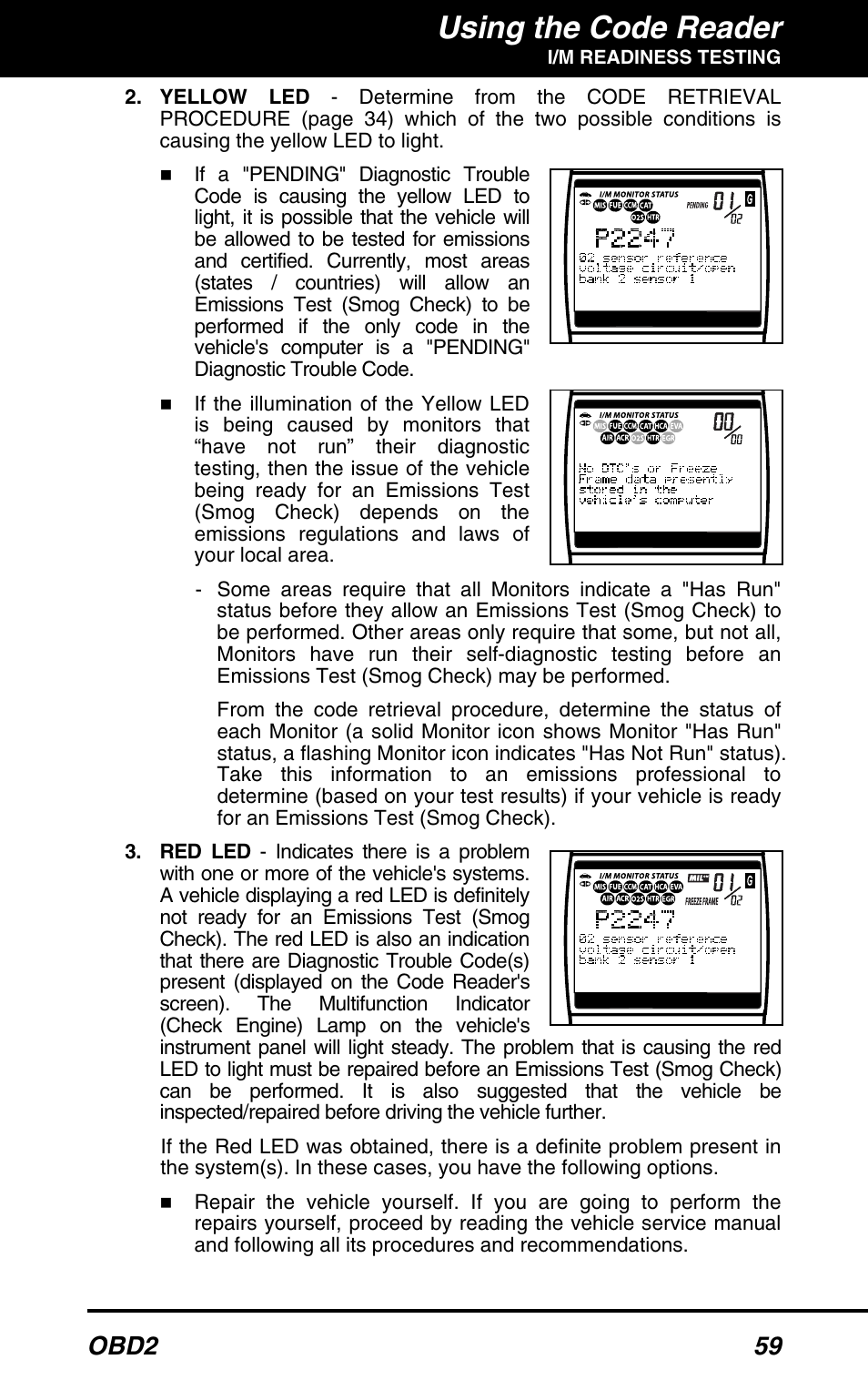 Using the code reader, Obd2 59 | Equus 3150 - ABS/SRS + OBD2 Diagnostic Tool User Manual | Page 61 / 68