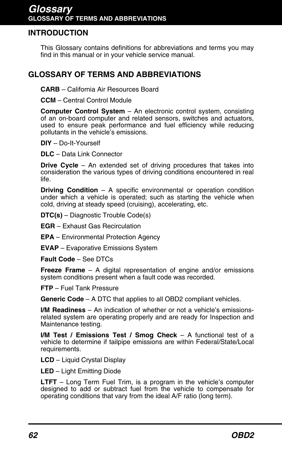 Glossary, 62 obd2, Introduction | Glossary of terms and abbreviations | Equus 3150 - ABS/SRS + OBD2 Diagnostic Tool User Manual | Page 64 / 68