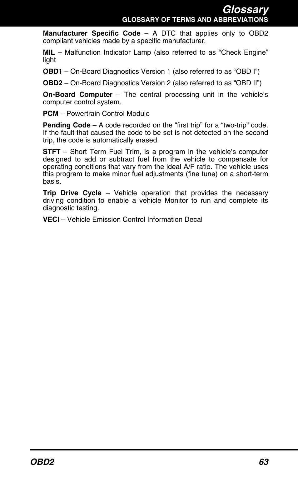 Glossary, Obd2 63 | Equus 3150 - ABS/SRS + OBD2 Diagnostic Tool User Manual | Page 65 / 68