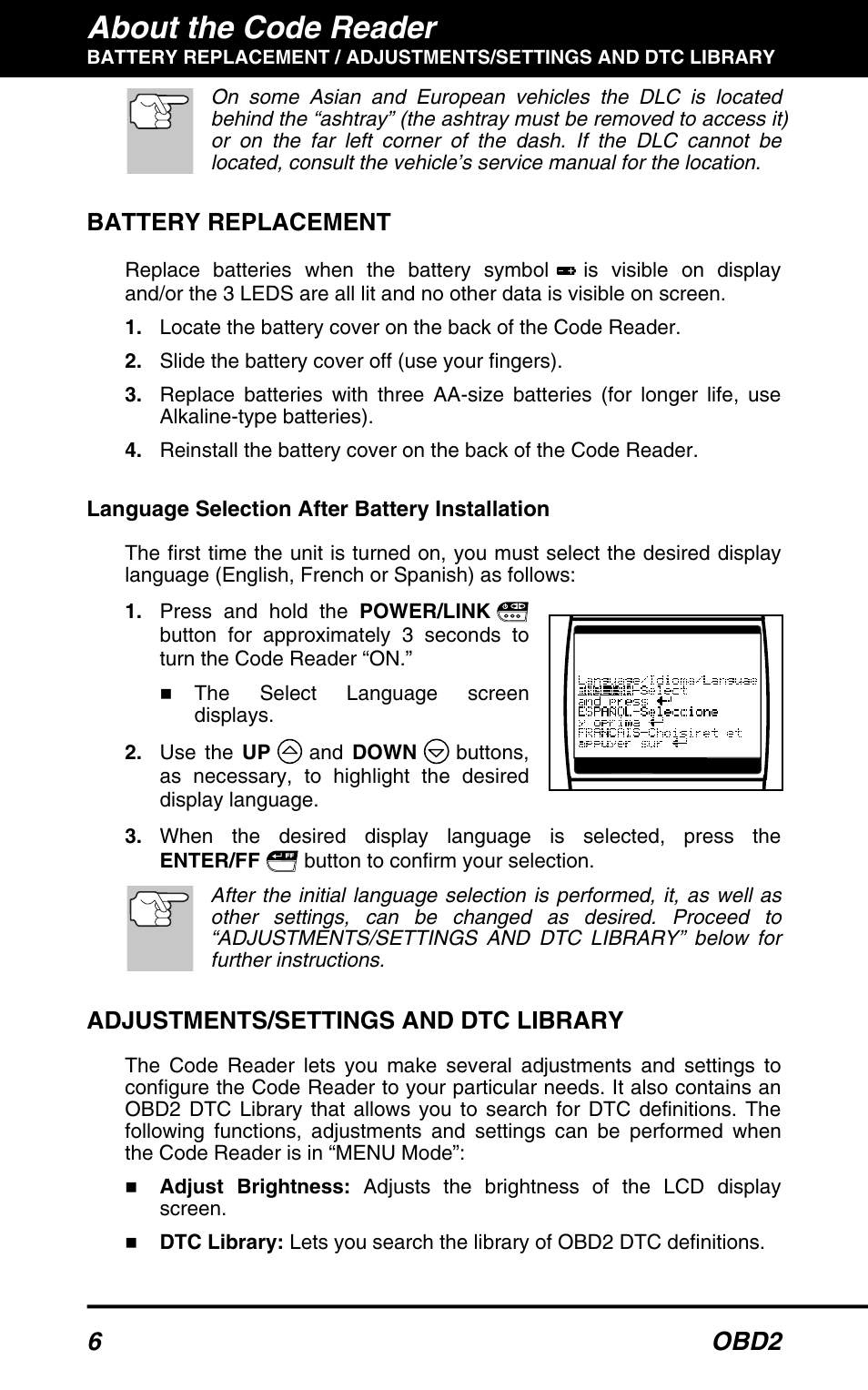 About the code reader, 6 obd2, Battery replacement | Adjustments/settings and dtc library | Equus 3150 - ABS/SRS + OBD2 Diagnostic Tool User Manual | Page 8 / 68