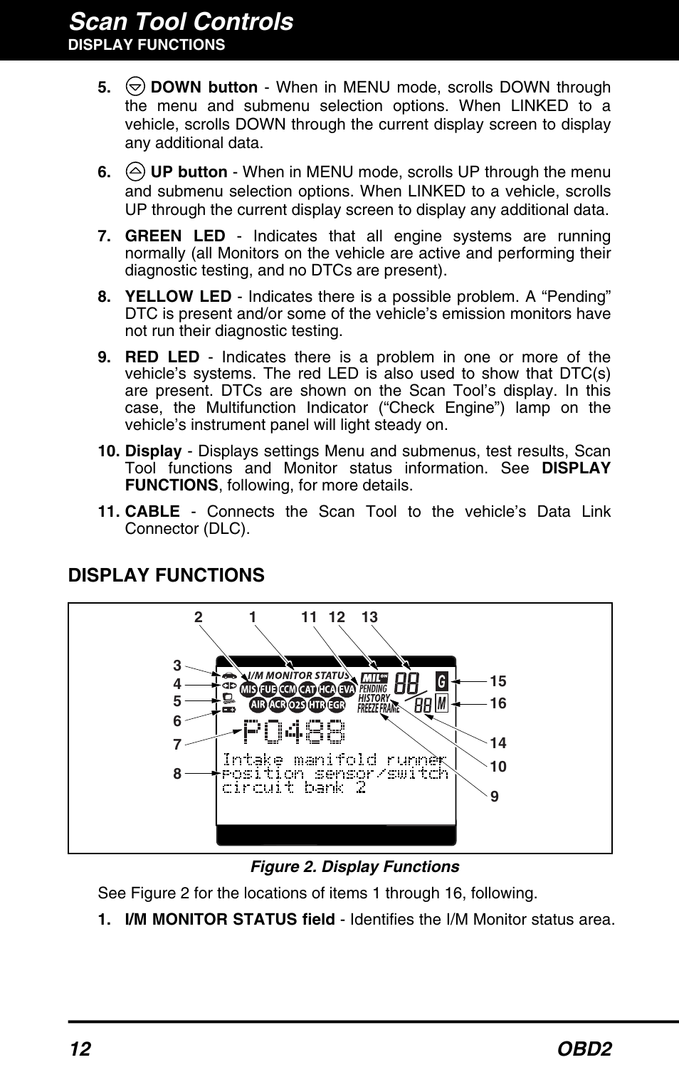 Scan tool controls, 12 obd2, Display functions | Equus 3160 - ABS/SRS + OBD2 Scan Tool User Manual | Page 14 / 72