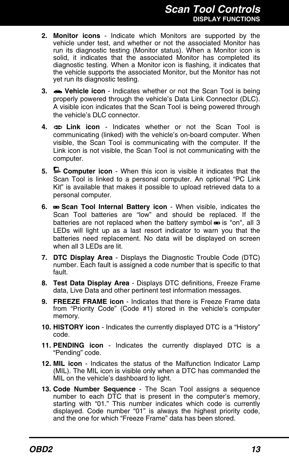 Scan tool controls, Obd2 13 | Equus 3160 - ABS/SRS + OBD2 Scan Tool User Manual | Page 15 / 72