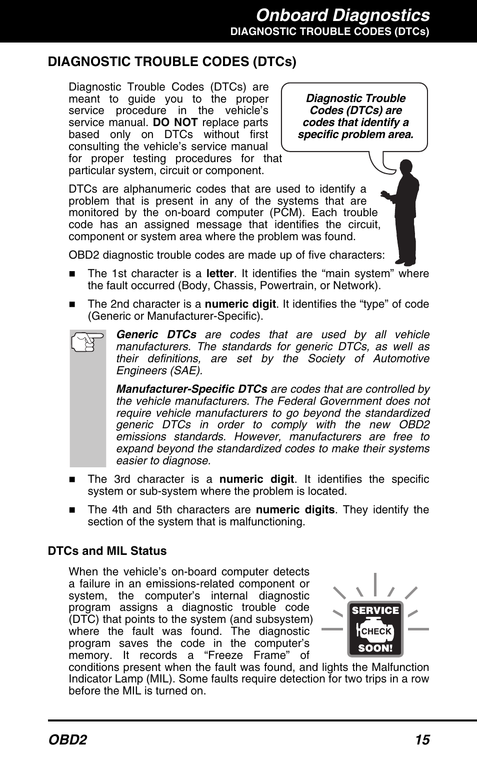 Onboard diagnostics, Obd2 15, Diagnostic trouble codes (dtcs) | Equus 3160 - ABS/SRS + OBD2 Scan Tool User Manual | Page 17 / 72