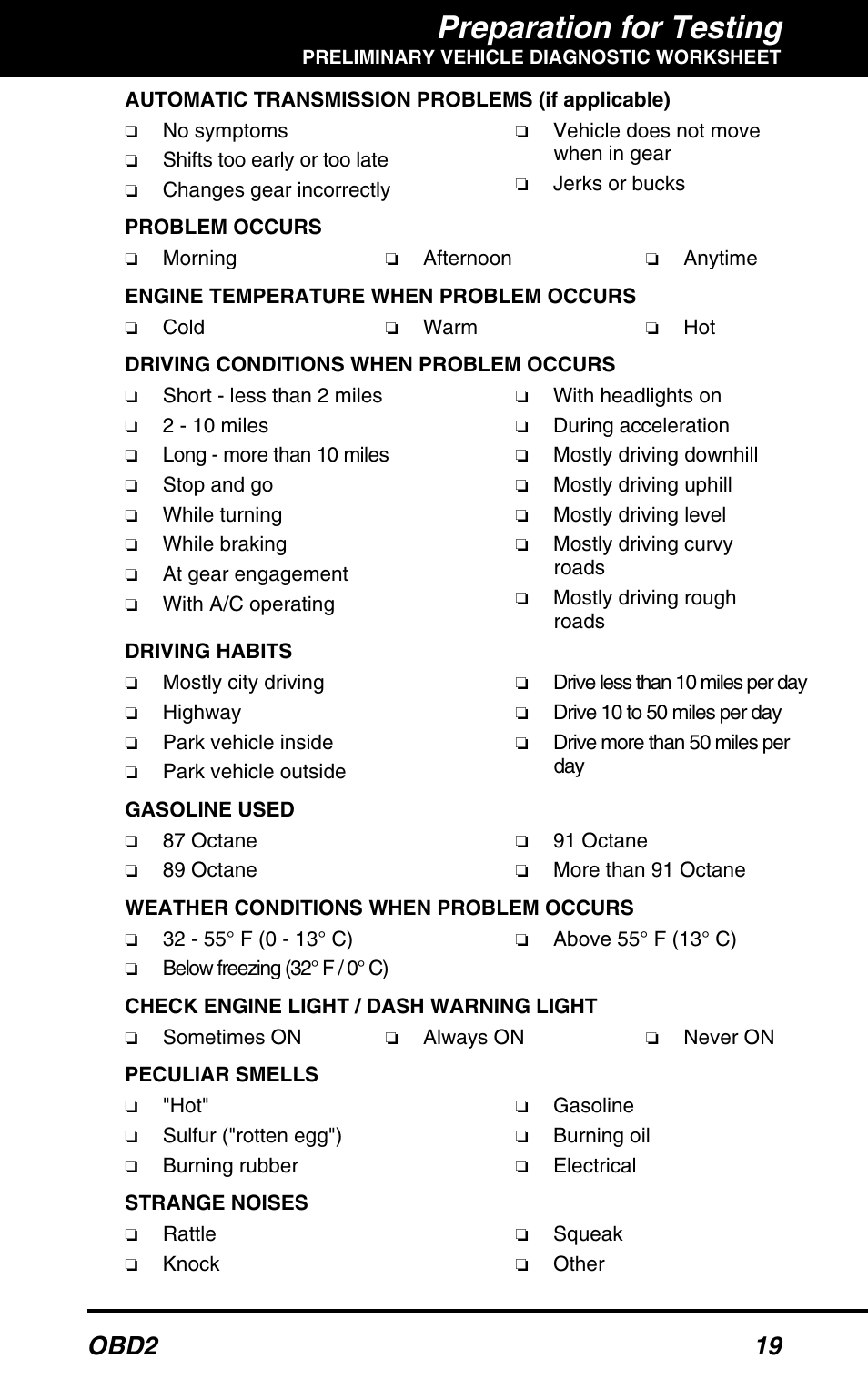 Preparation for testing, Obd2 19 | Equus 3160 - ABS/SRS + OBD2 Scan Tool User Manual | Page 21 / 72