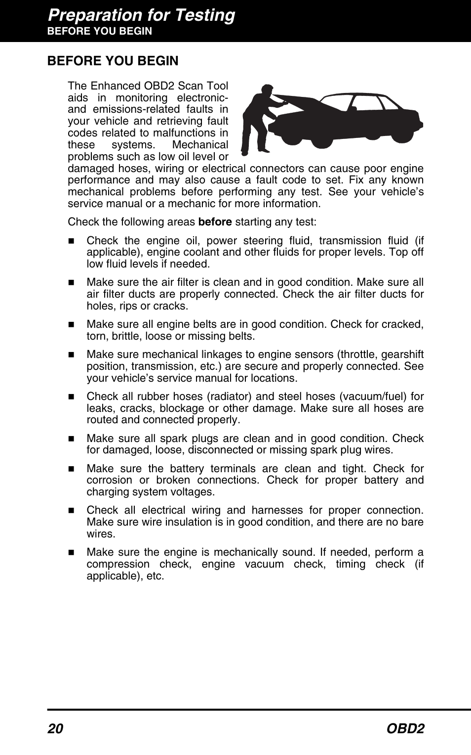 Preparation for testing, 20 obd2, Before you begin | Equus 3160 - ABS/SRS + OBD2 Scan Tool User Manual | Page 22 / 72