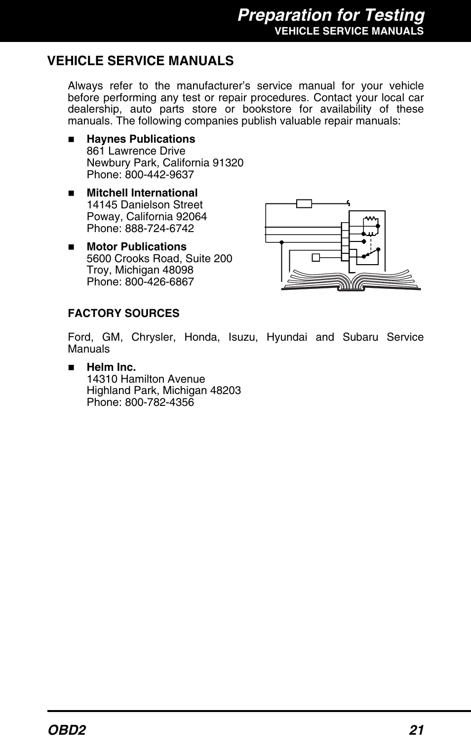 Preparation for testing, Obd2 21, Vehicle service manuals | Equus 3160 - ABS/SRS + OBD2 Scan Tool User Manual | Page 23 / 72