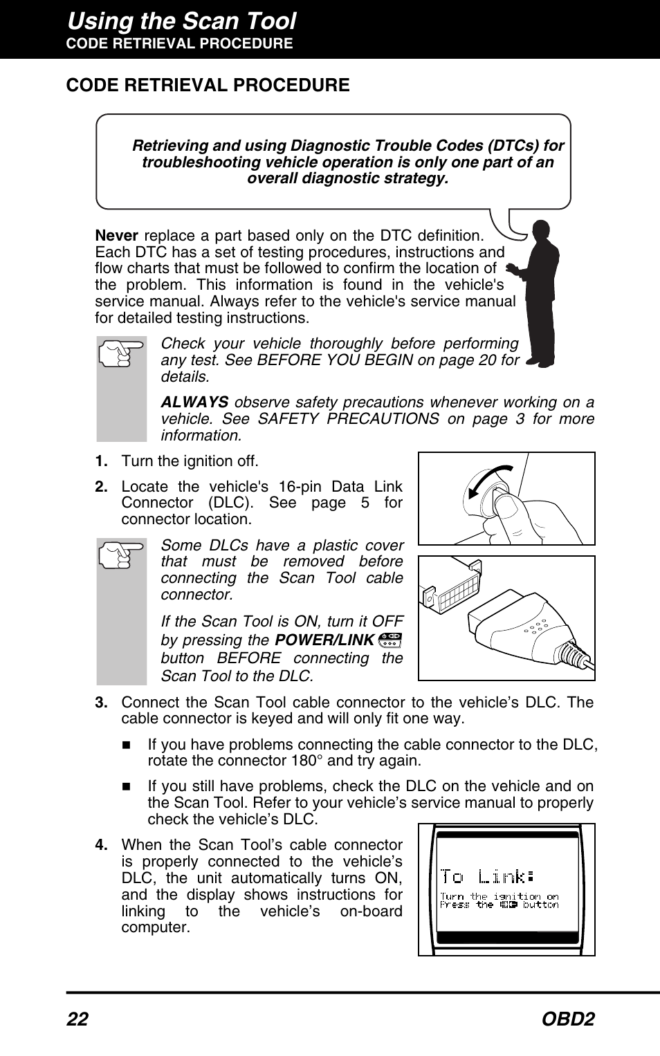 Using the scan tool, 22 obd2, Code retrieval procedure | Equus 3160 - ABS/SRS + OBD2 Scan Tool User Manual | Page 24 / 72