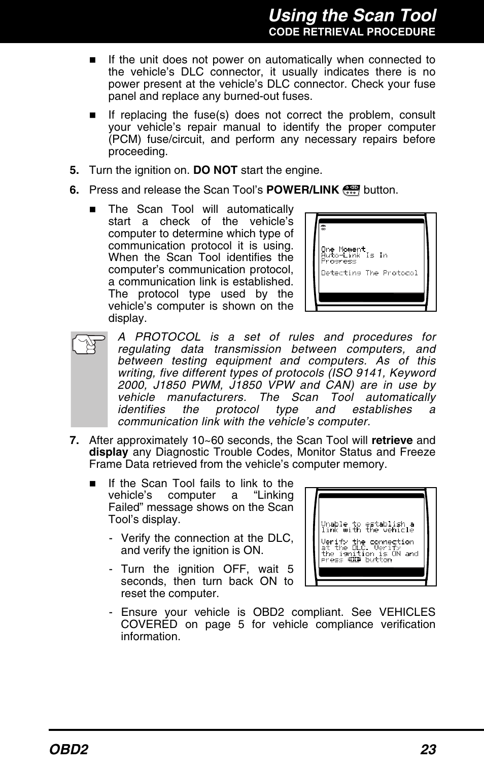 Using the scan tool, Obd2 23 | Equus 3160 - ABS/SRS + OBD2 Scan Tool User Manual | Page 25 / 72