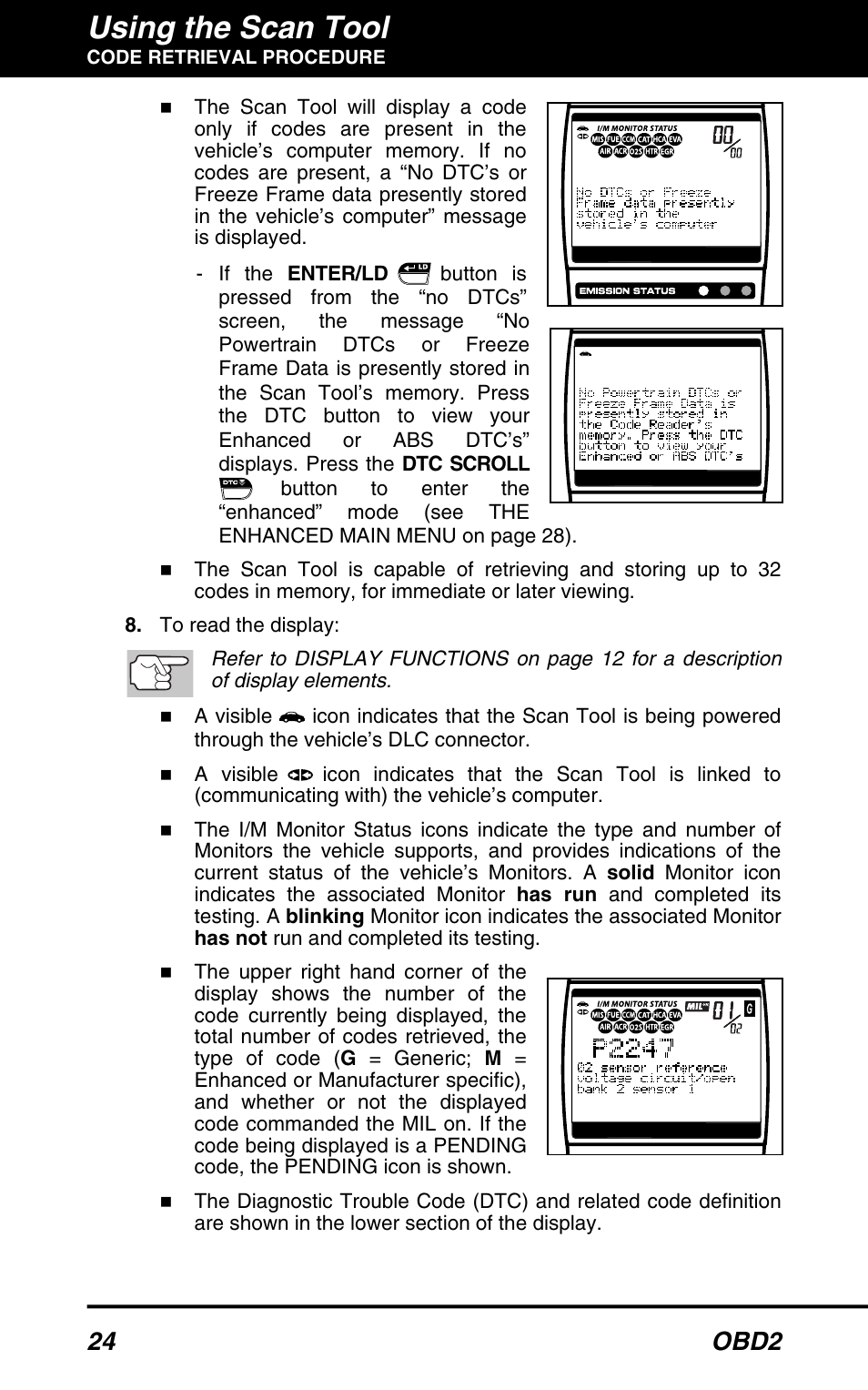 Using the scan tool, 24 obd2 | Equus 3160 - ABS/SRS + OBD2 Scan Tool User Manual | Page 26 / 72