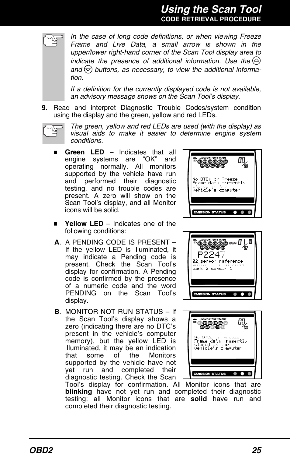 Using the scan tool, Obd2 25 | Equus 3160 - ABS/SRS + OBD2 Scan Tool User Manual | Page 27 / 72
