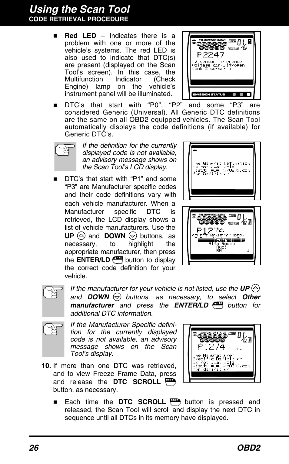 Using the scan tool, 26 obd2 | Equus 3160 - ABS/SRS + OBD2 Scan Tool User Manual | Page 28 / 72